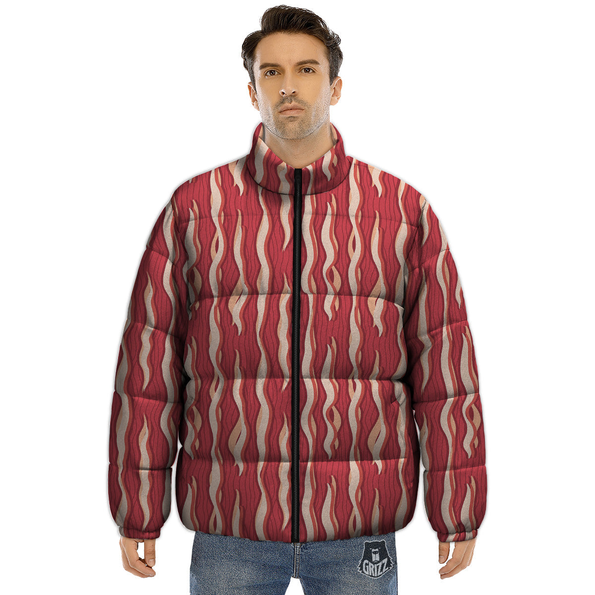 Bacon Texture Print Pattern Puffer Jacket-grizzshop