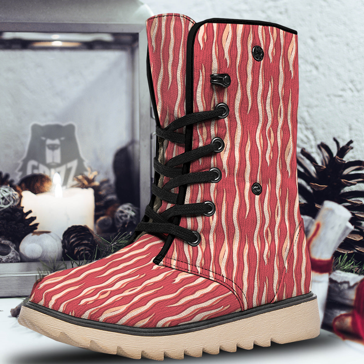 Bacon Texture Print Pattern Snow Boots-grizzshop