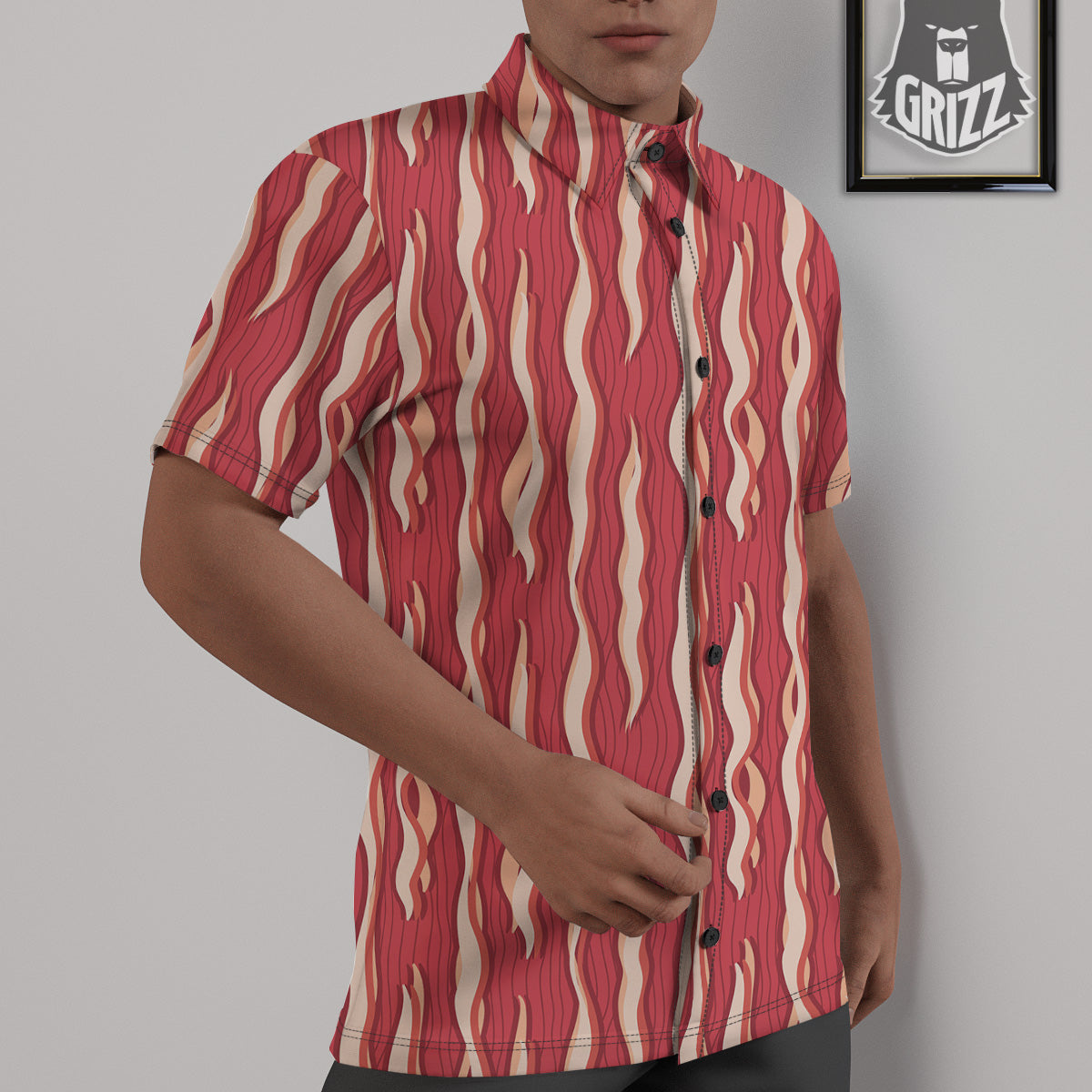 Bacon Texture Print Pattern Untucked Shirts-grizzshop