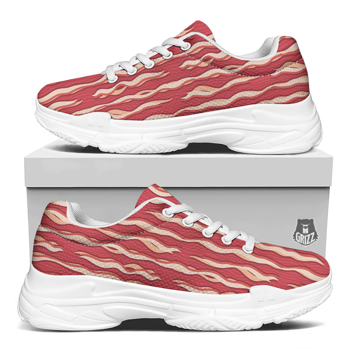 Bacon Texture Print Pattern White Chunky Shoes-grizzshop