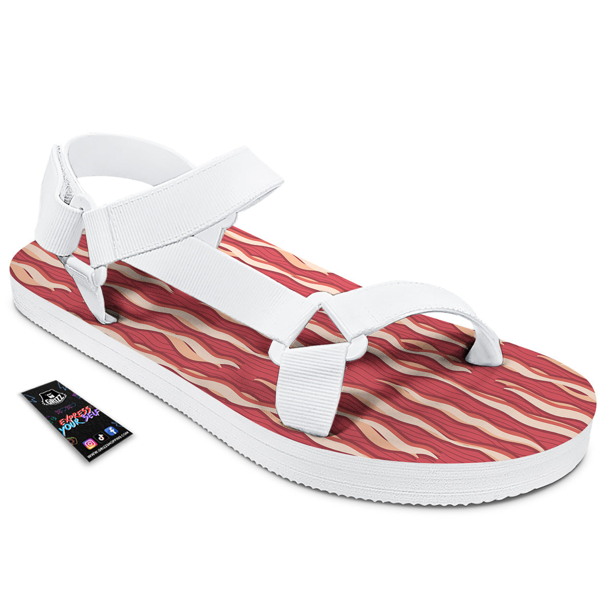 Bacon Texture Print Pattern White Open Toe Sandals-grizzshop