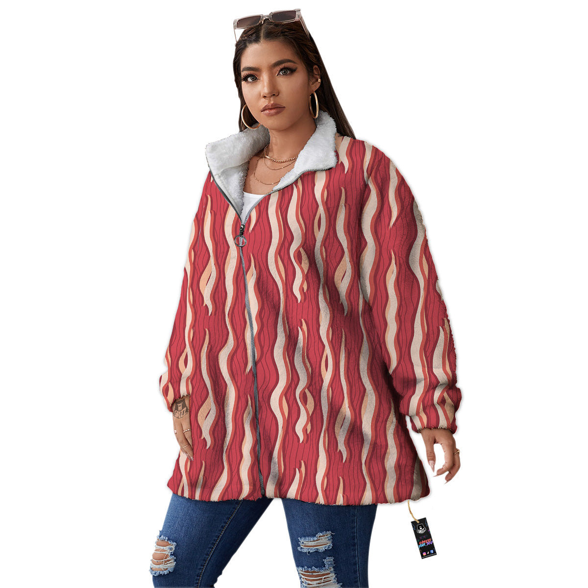 Bacon Texture Print Pattern Women's Sherpa Jacket-grizzshop