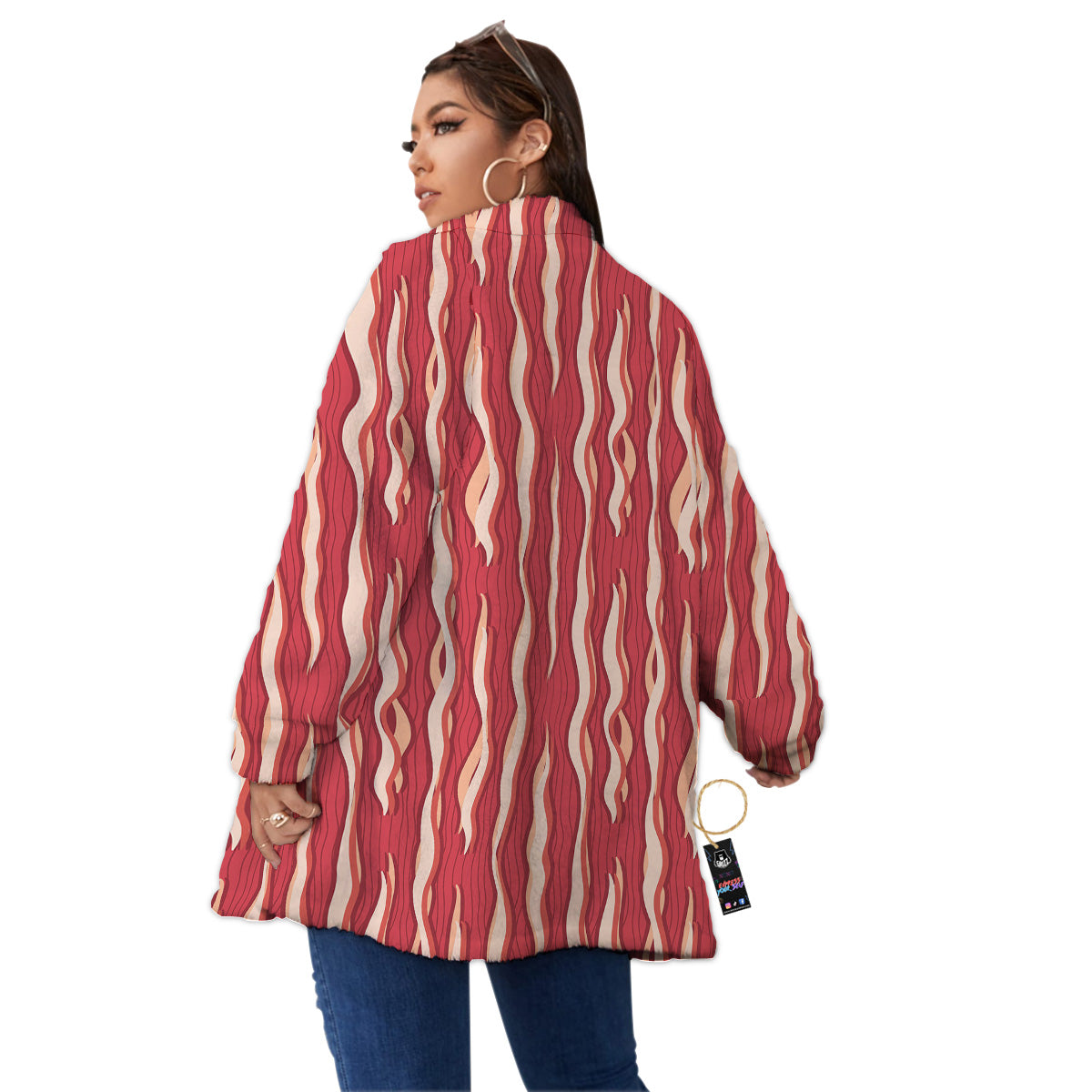 Bacon Texture Print Pattern Women's Sherpa Jacket-grizzshop