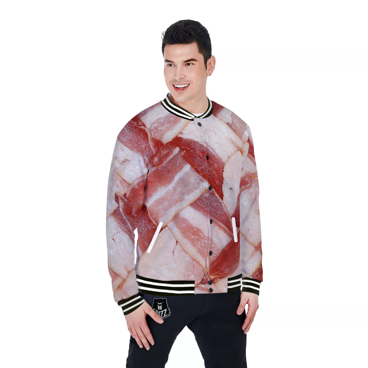 Bacon Weaving Print Baseball Jacket-grizzshop