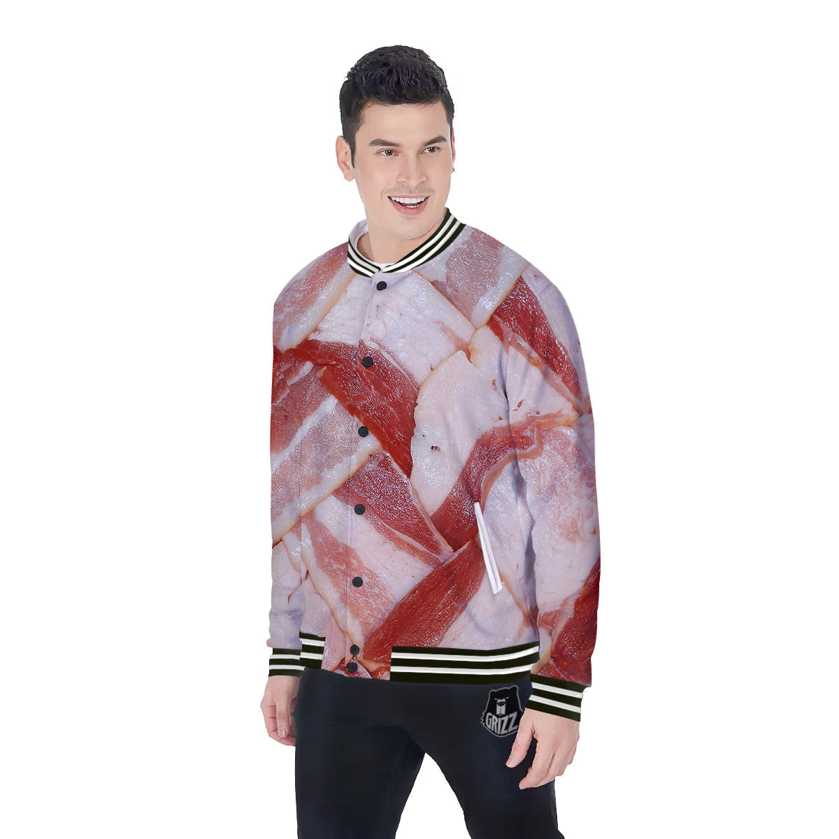 Bacon Weaving Print Baseball Jacket-grizzshop