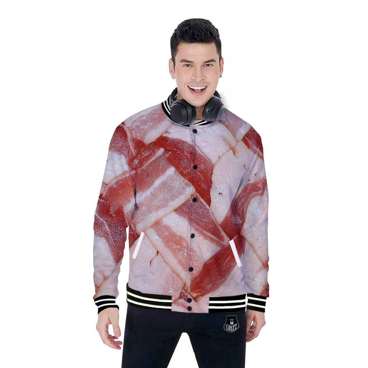 Bacon Weaving Print Baseball Jacket-grizzshop