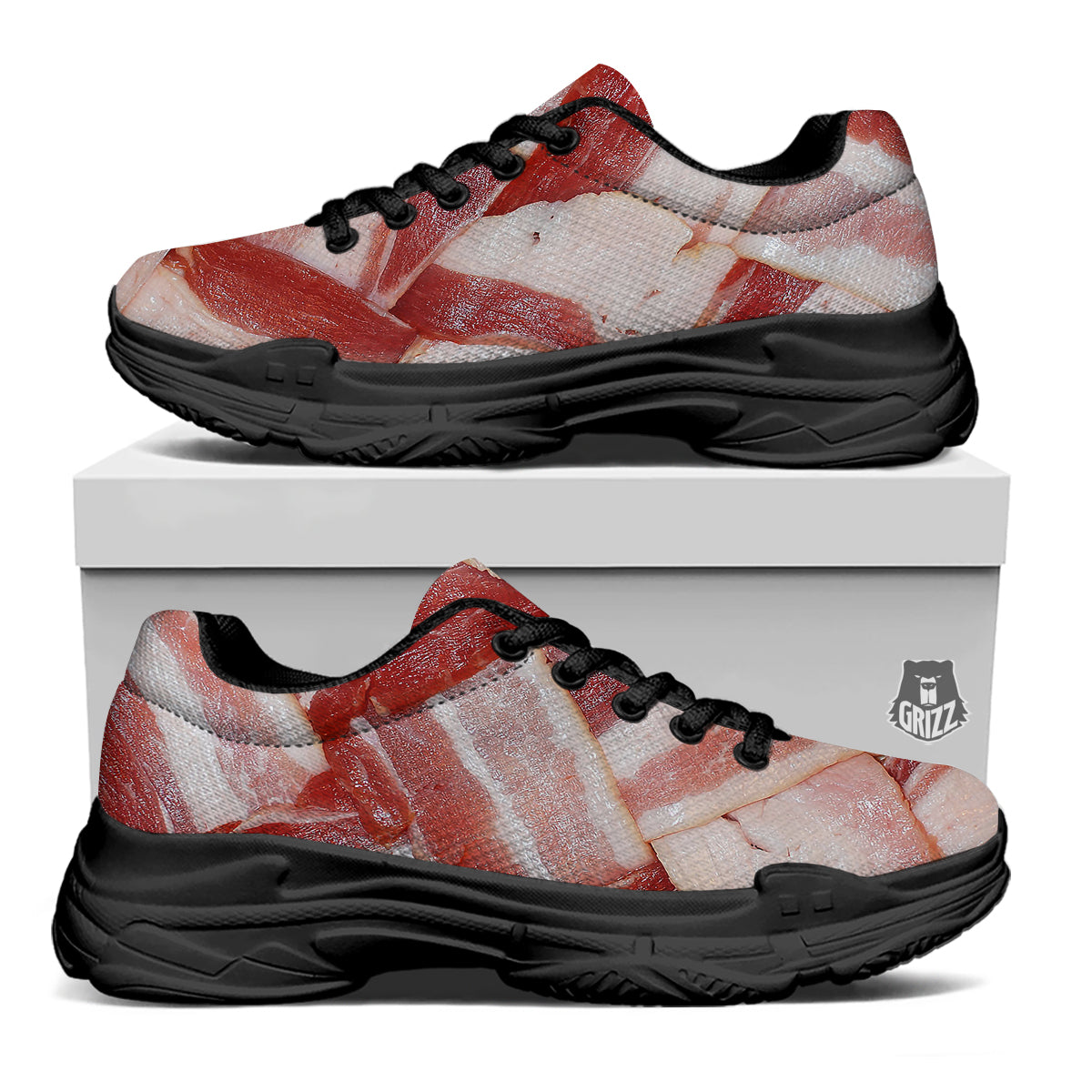Bacon Weaving Print Black Chunky Shoes-grizzshop