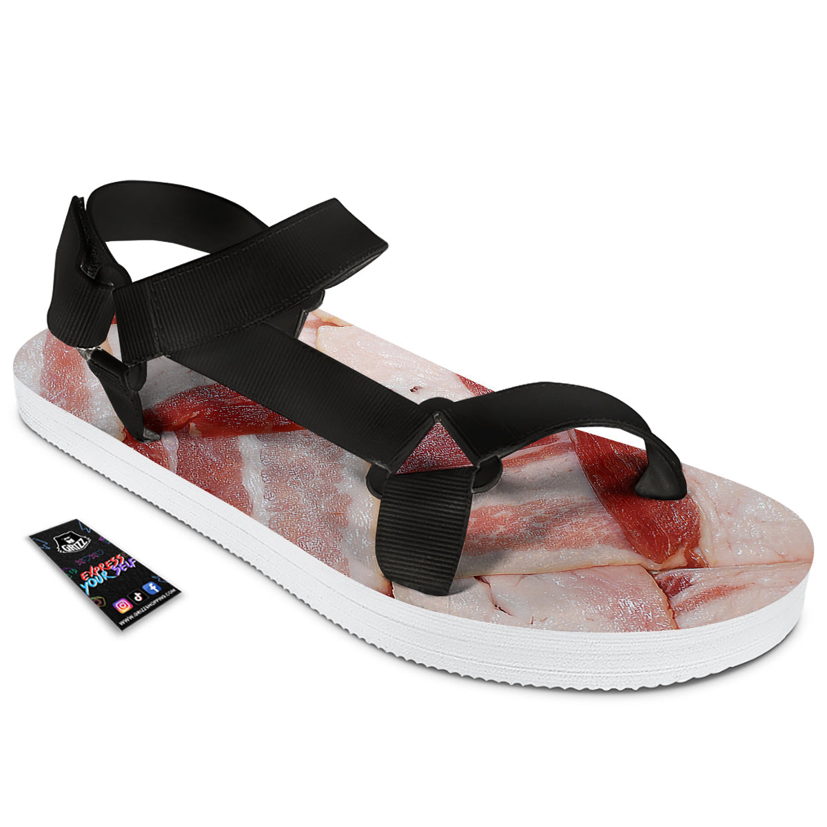 Bacon Weaving Print Black Open Toe Sandals-grizzshop
