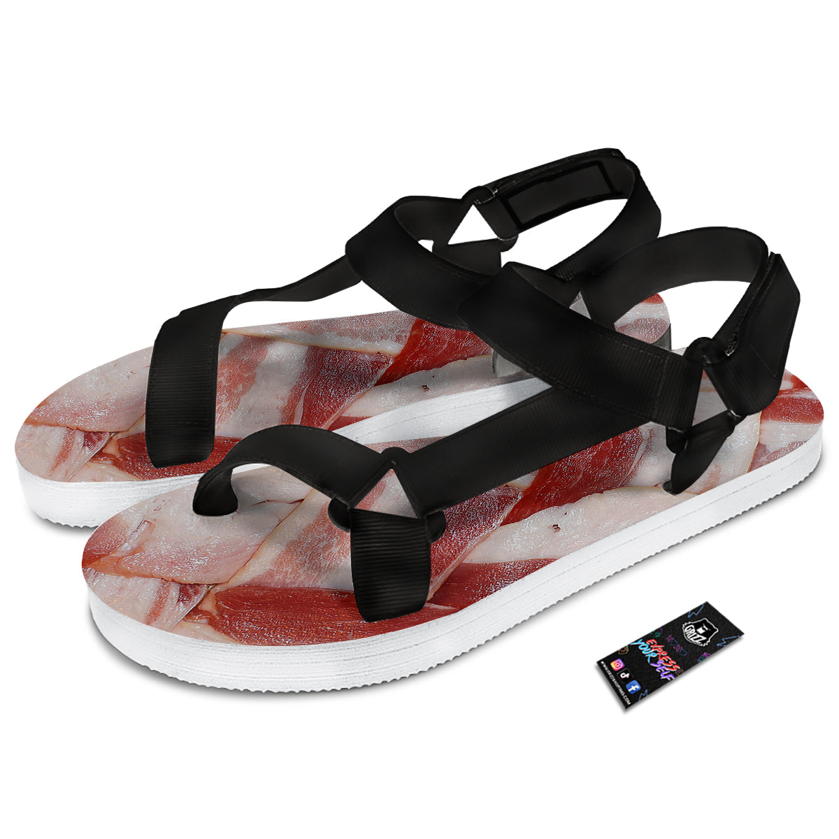 Bacon Weaving Print Black Open Toe Sandals-grizzshop