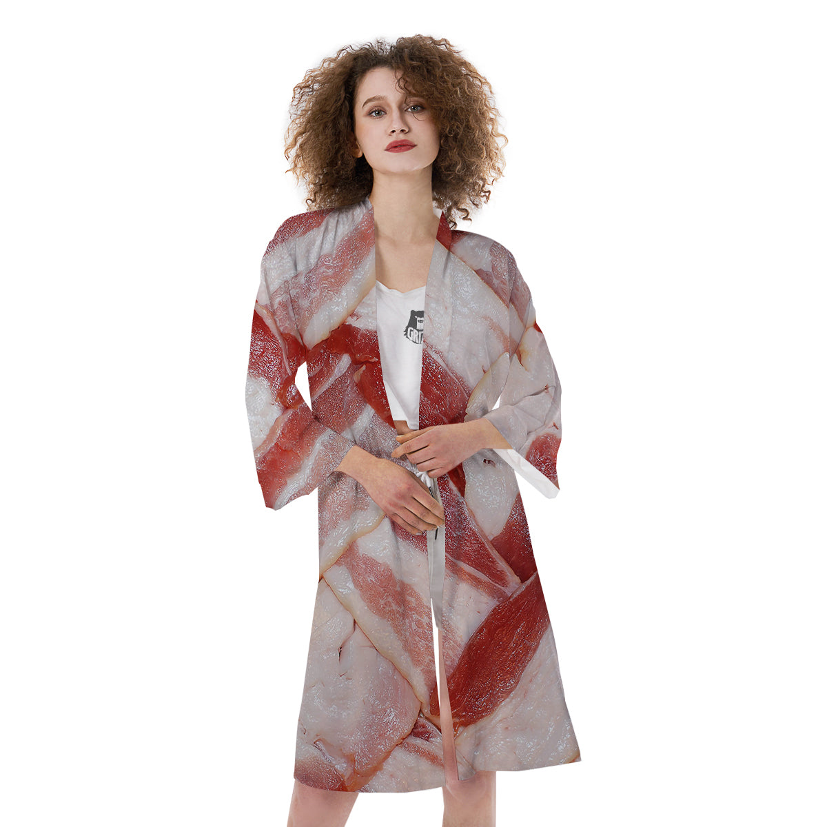 Bacon Weaving Print Kimono-grizzshop