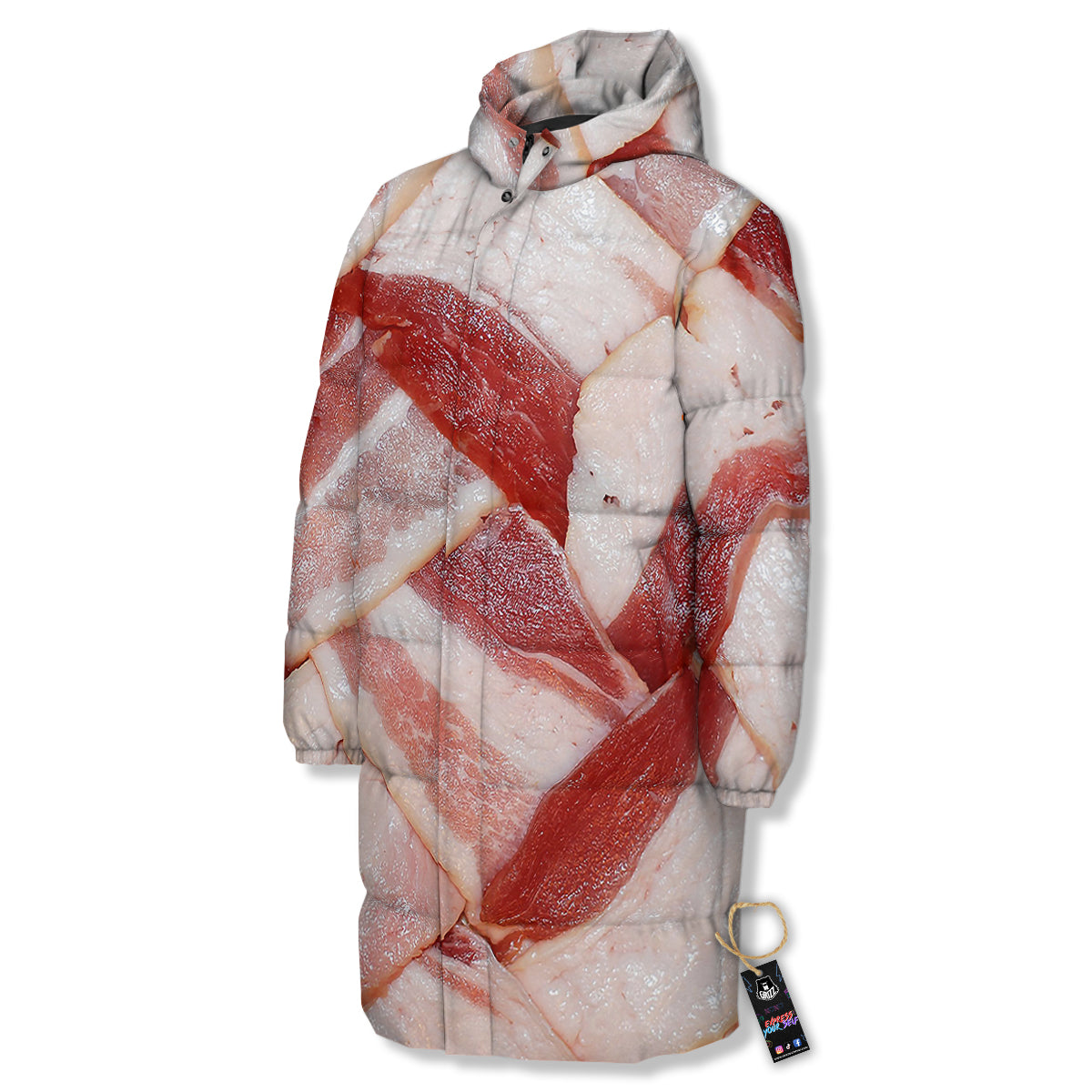 Bacon Weaving Print Long Down Jacket-grizzshop