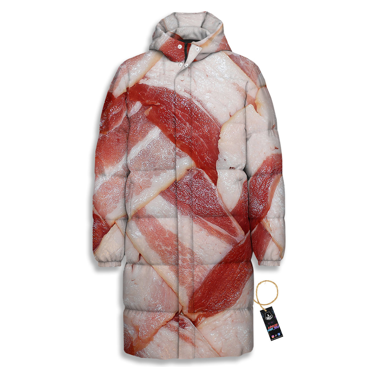 Bacon Weaving Print Long Down Jacket-grizzshop