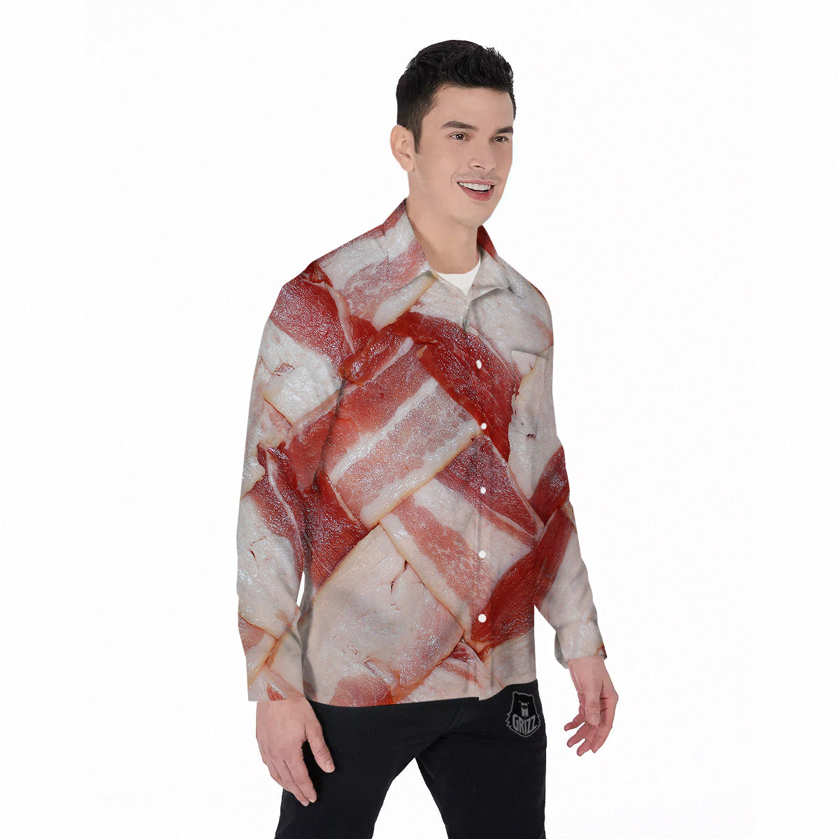 Bacon Weaving Print Men's Long Sleeve Shirts-grizzshop