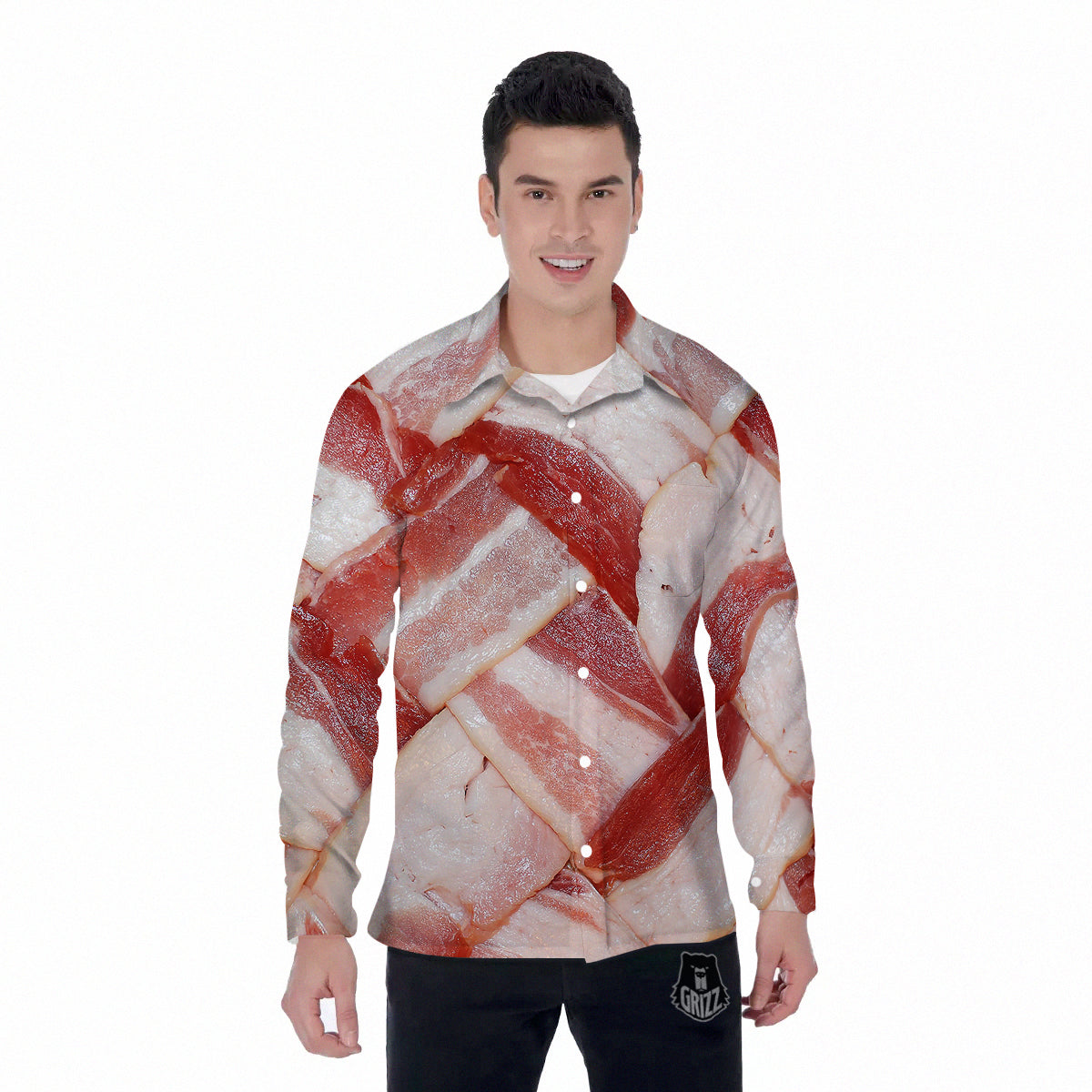 Bacon Weaving Print Men's Long Sleeve Shirts-grizzshop