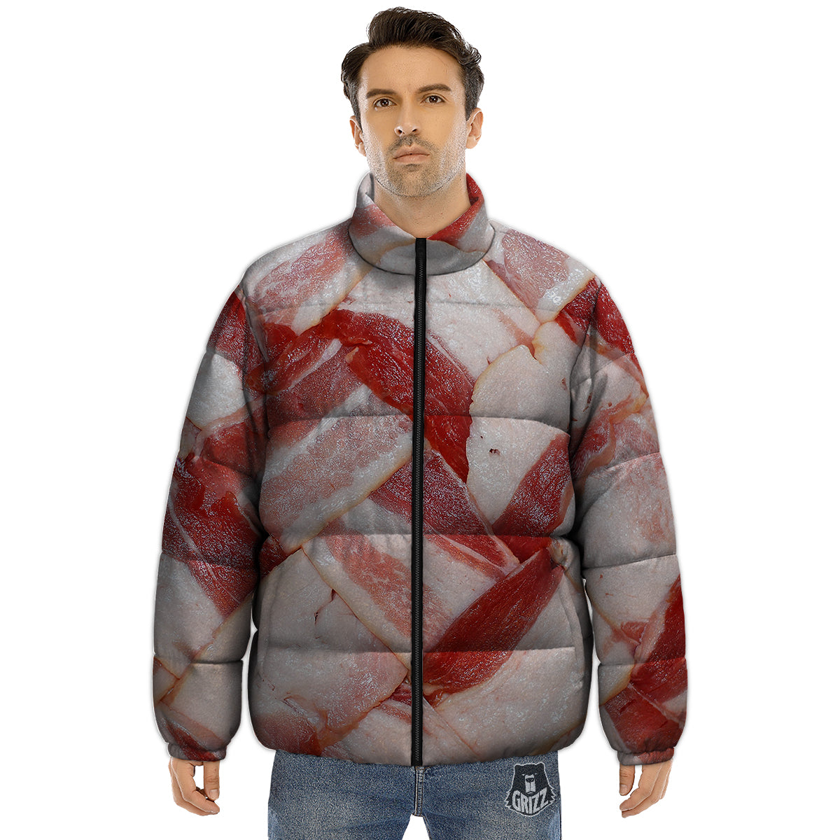 Bacon Weaving Print Puffer Jacket-grizzshop