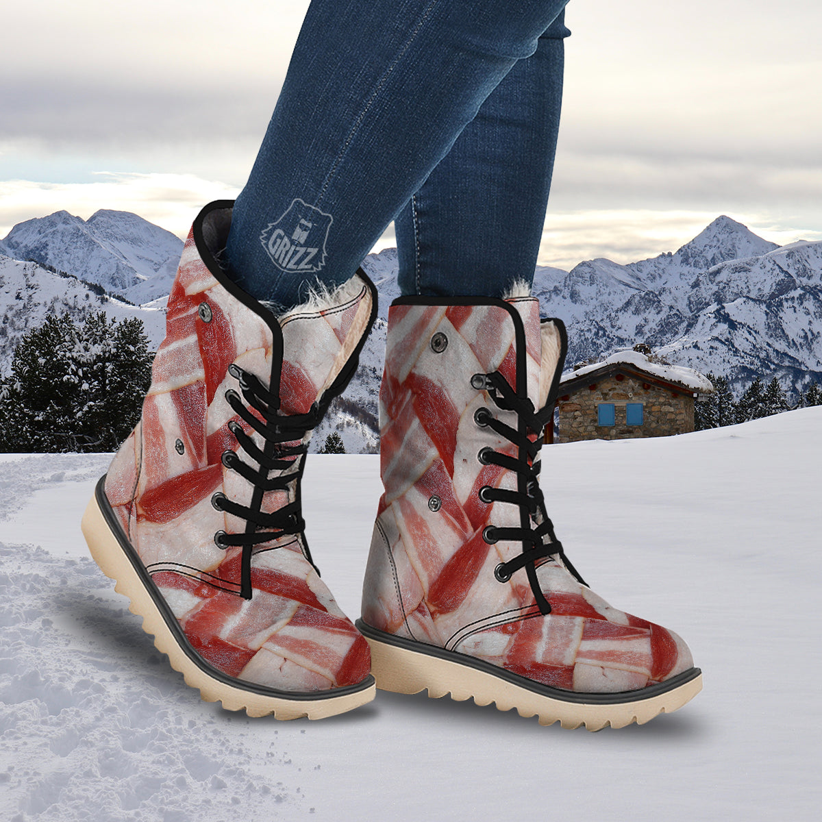 Bacon Weaving Print Snow Boots-grizzshop