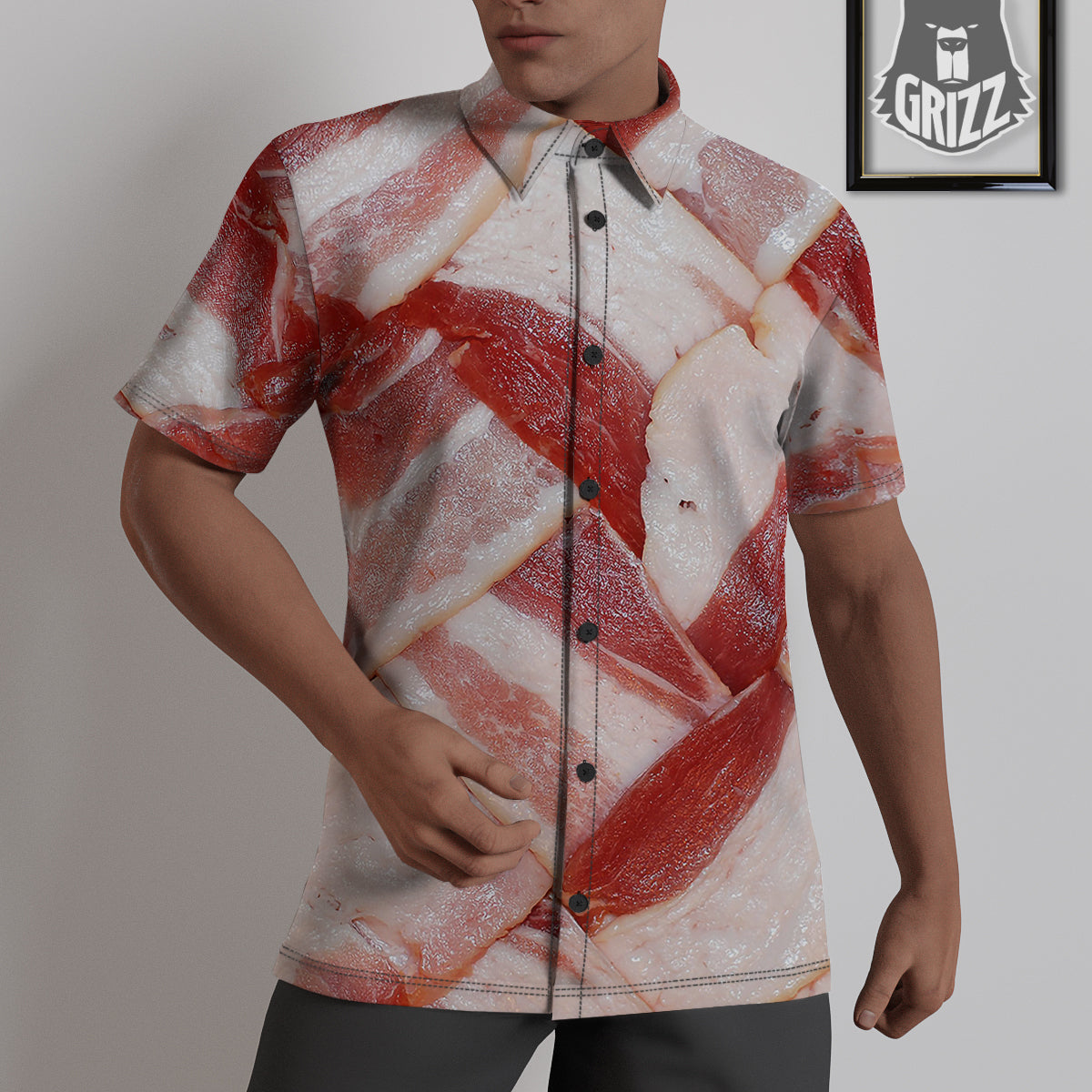 Bacon Weaving Print Untucked Shirts-grizzshop