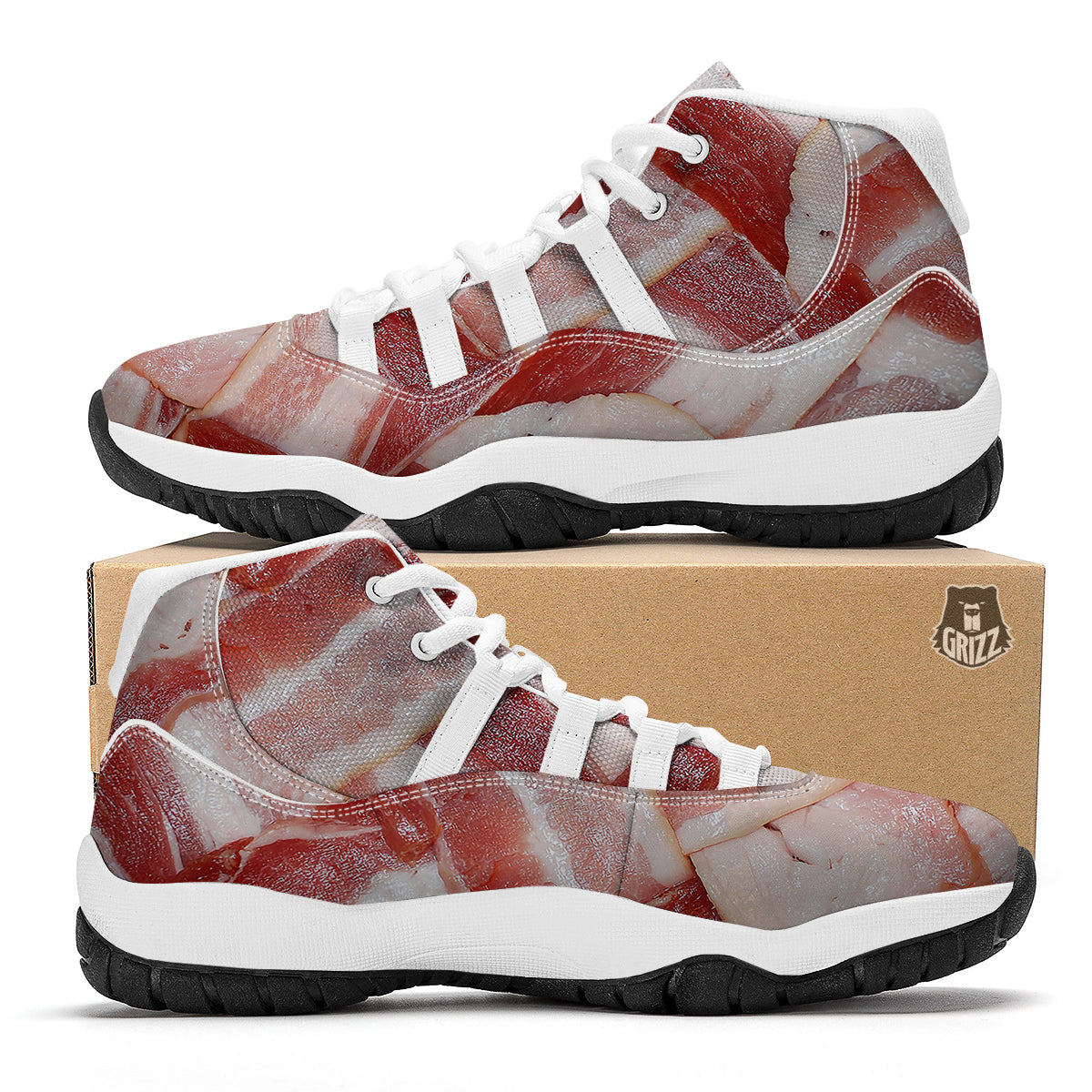 Bacon Weaving Print White Bball Shoes-grizzshop
