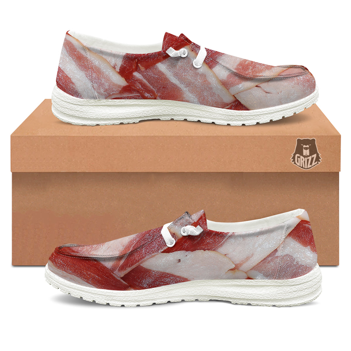 Bacon Weaving Print White Loafers-grizzshop
