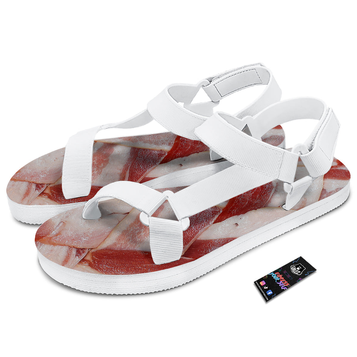 Bacon Weaving Print White Open Toe Sandals-grizzshop