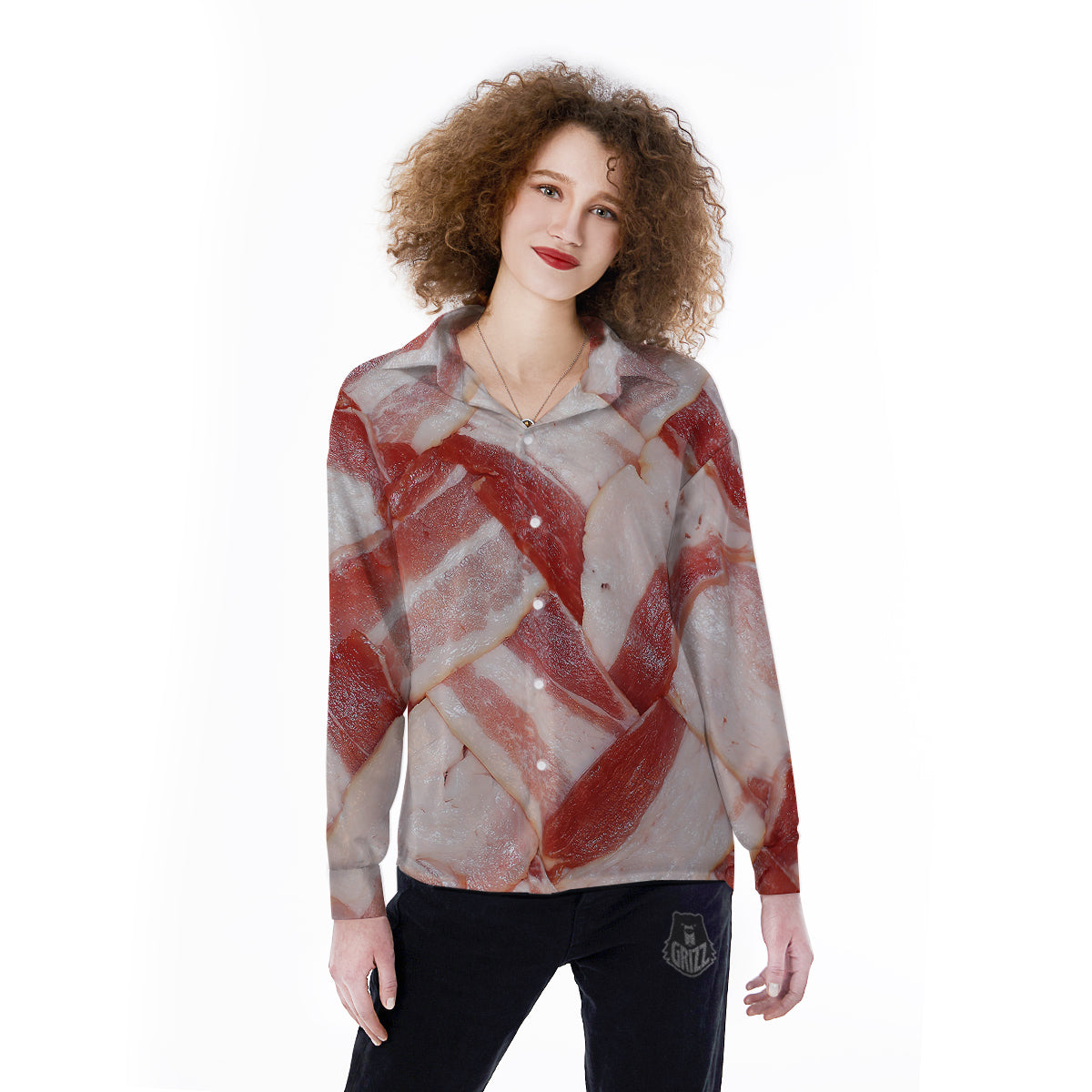 Bacon Weaving Print Women's Long Sleeve Shirts-grizzshop