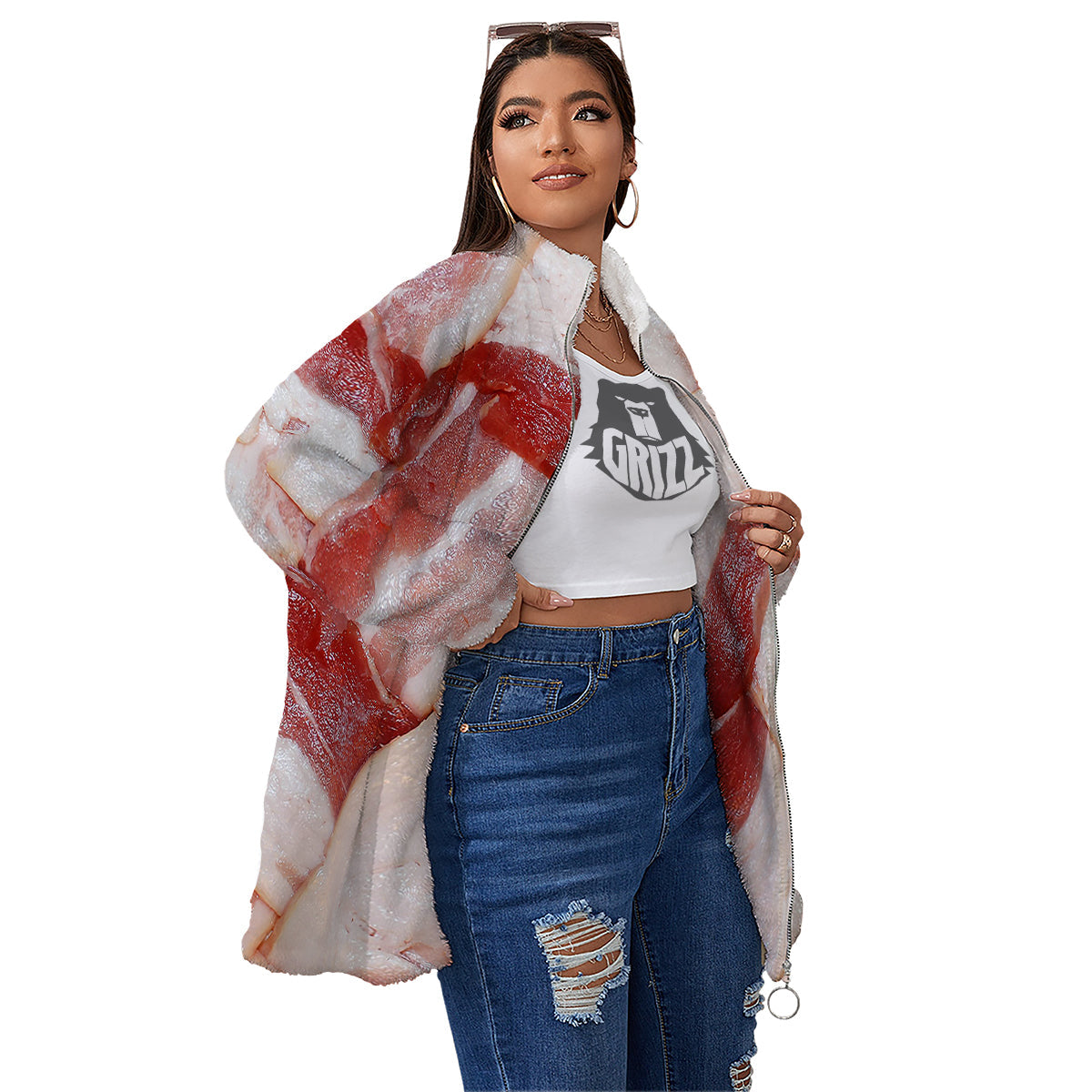 Bacon Weaving Print Women's Sherpa Jacket-grizzshop