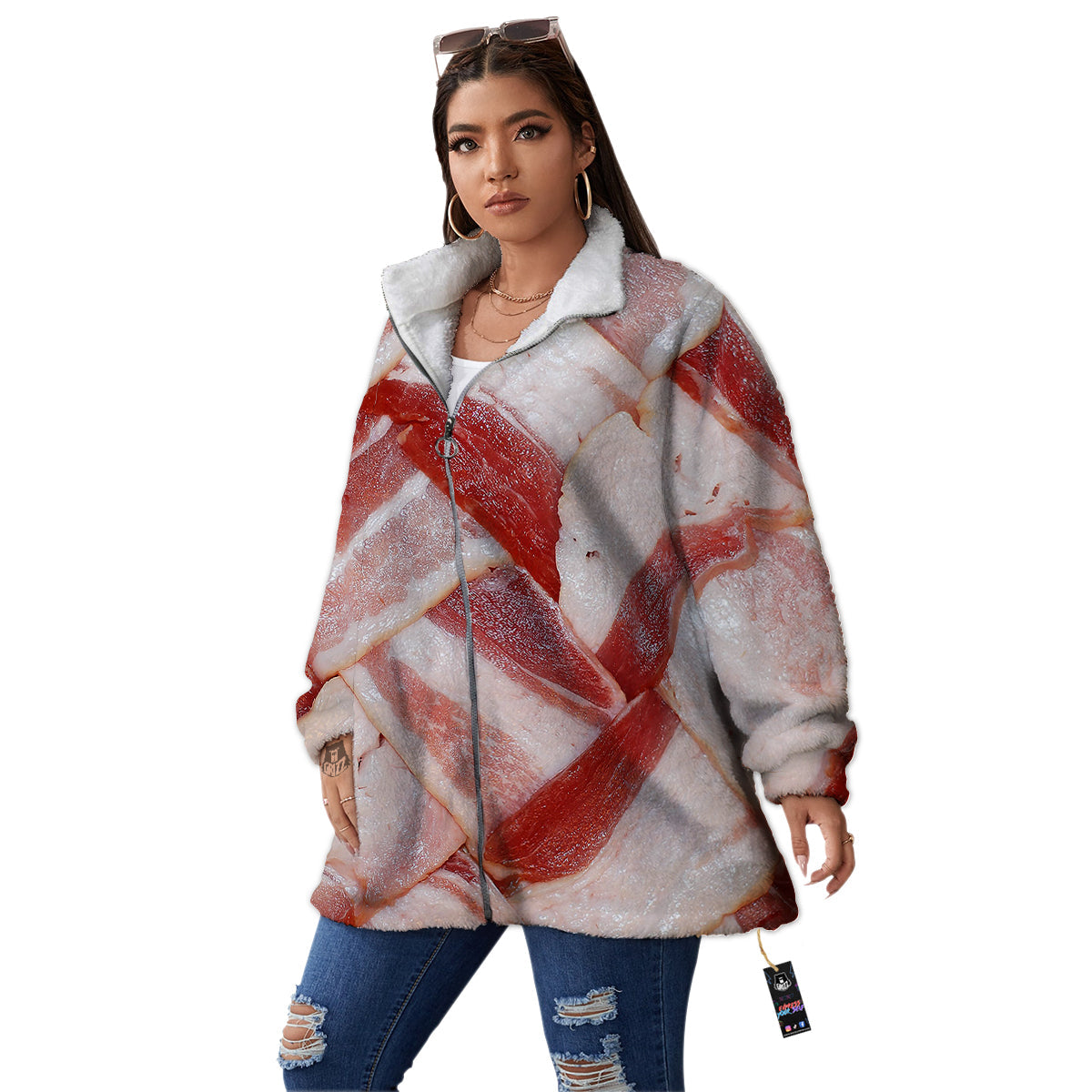 Bacon Weaving Print Women's Sherpa Jacket-grizzshop