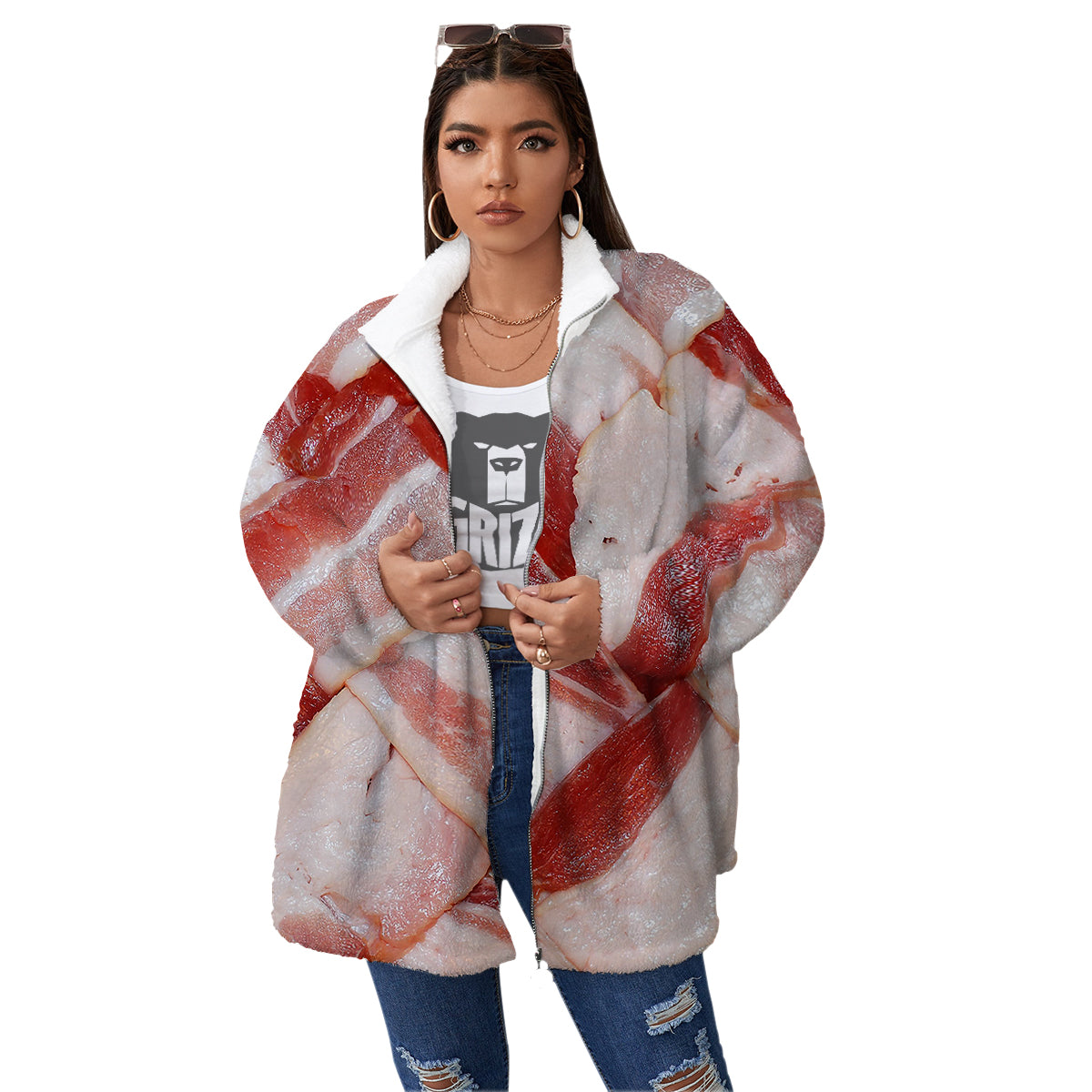 Bacon Weaving Print Women's Sherpa Jacket-grizzshop