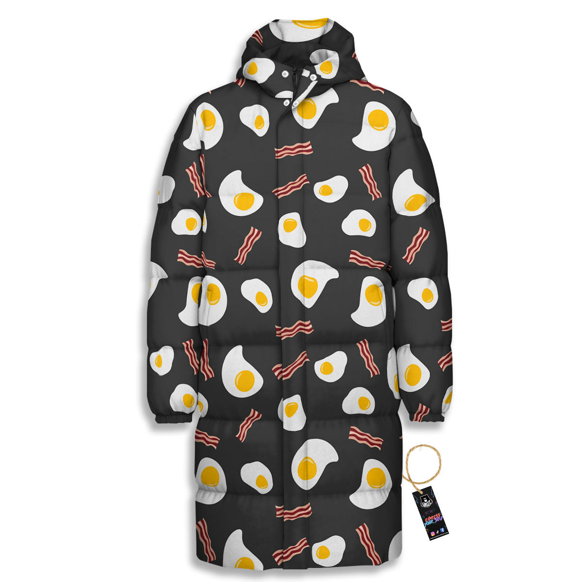 Bacon And Black Fried Egg Print Pattern Long Down Jacket