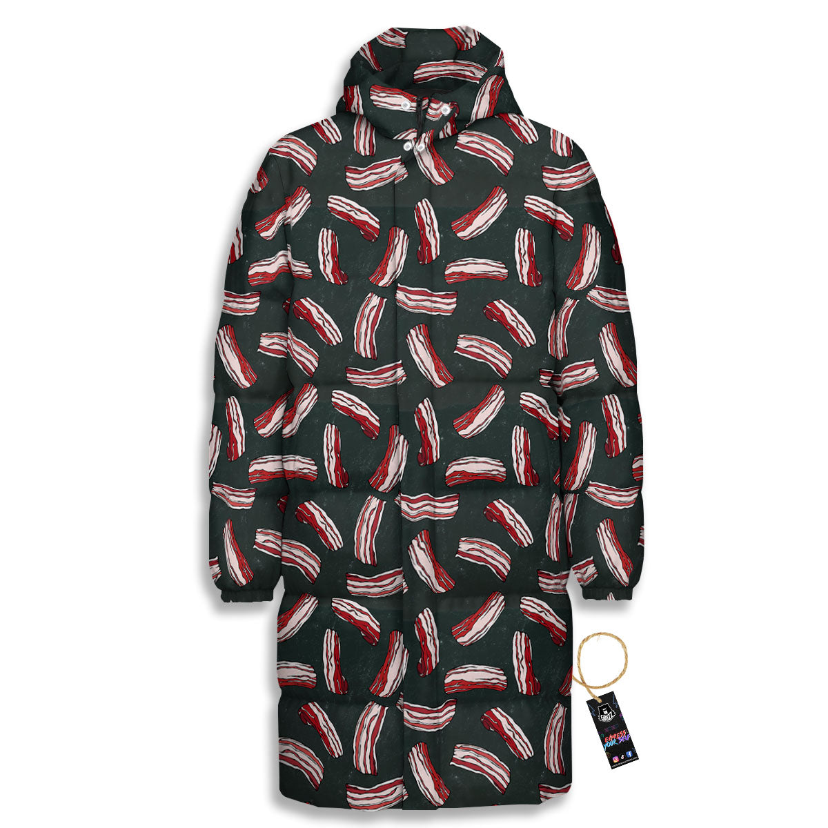 Bacon Black Print Pattern Long Down Jacket