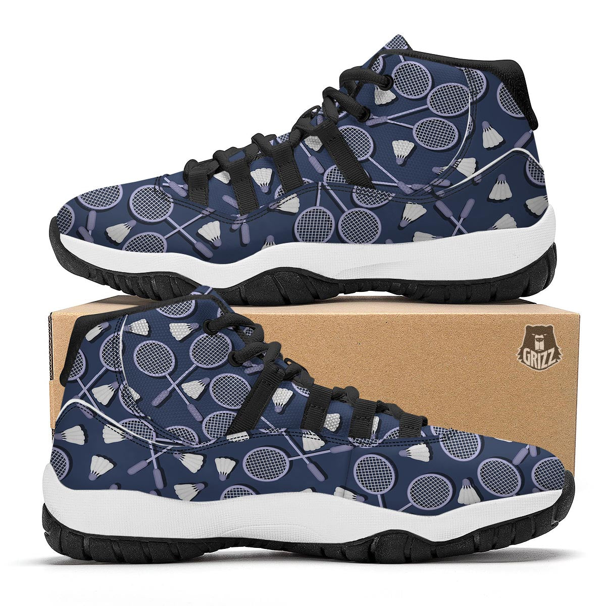 Badminton Pattern Print Black Bball Shoes-grizzshop