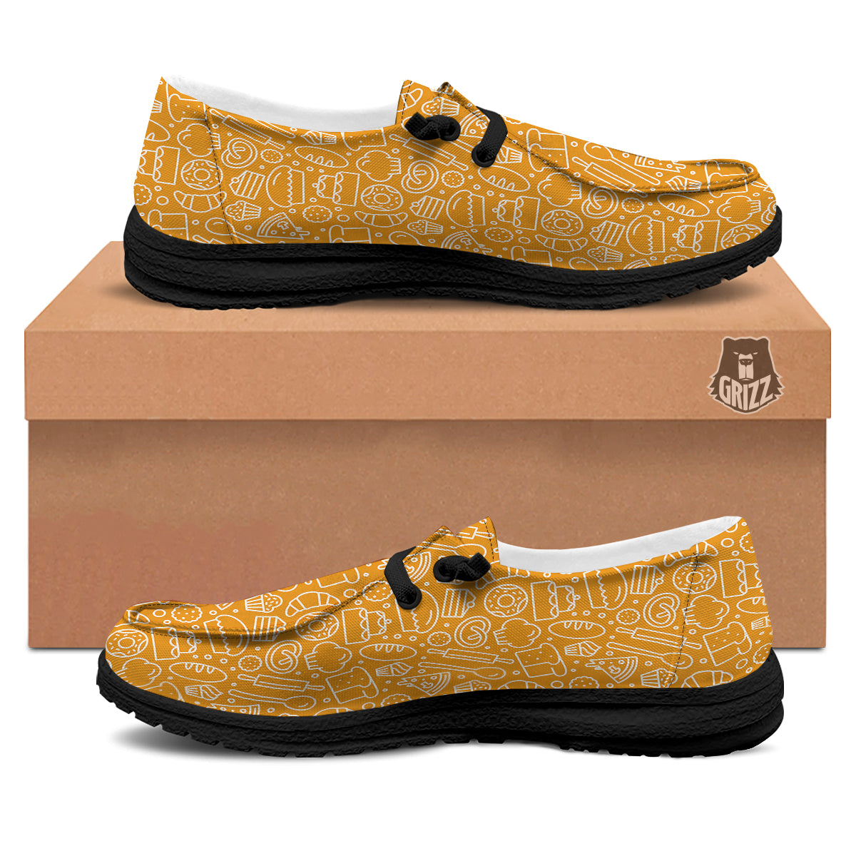 Bakery Yellow Print Pattern Black Loafers-grizzshop