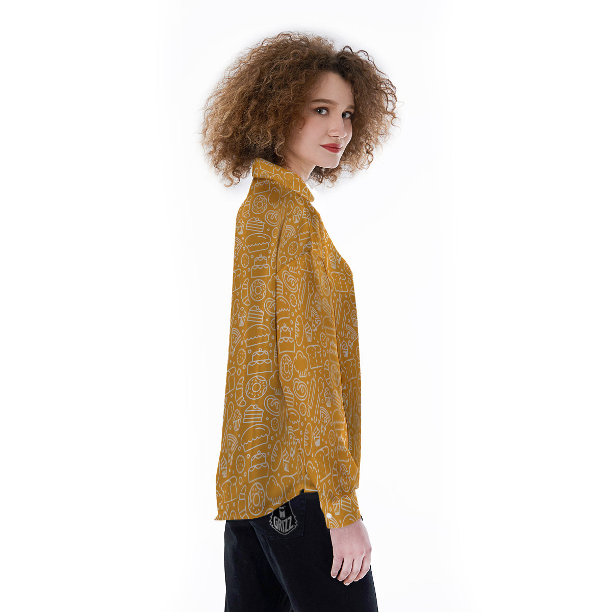 Bakery Yellow Print Pattern Women's Long Sleeve Shirts-grizzshop