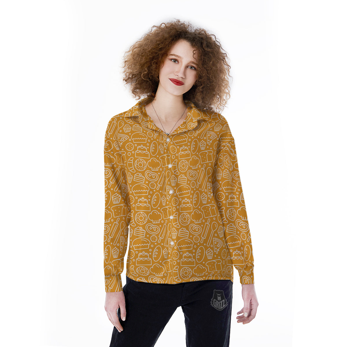 Bakery Yellow Print Pattern Women's Long Sleeve Shirts-grizzshop