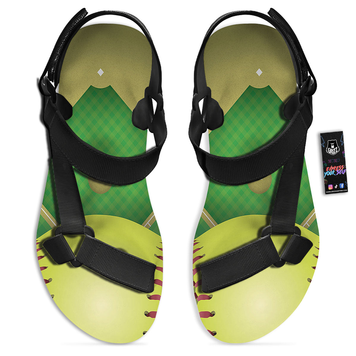 Ball And Softball Field Print Black Open Toe Sandals-grizzshop