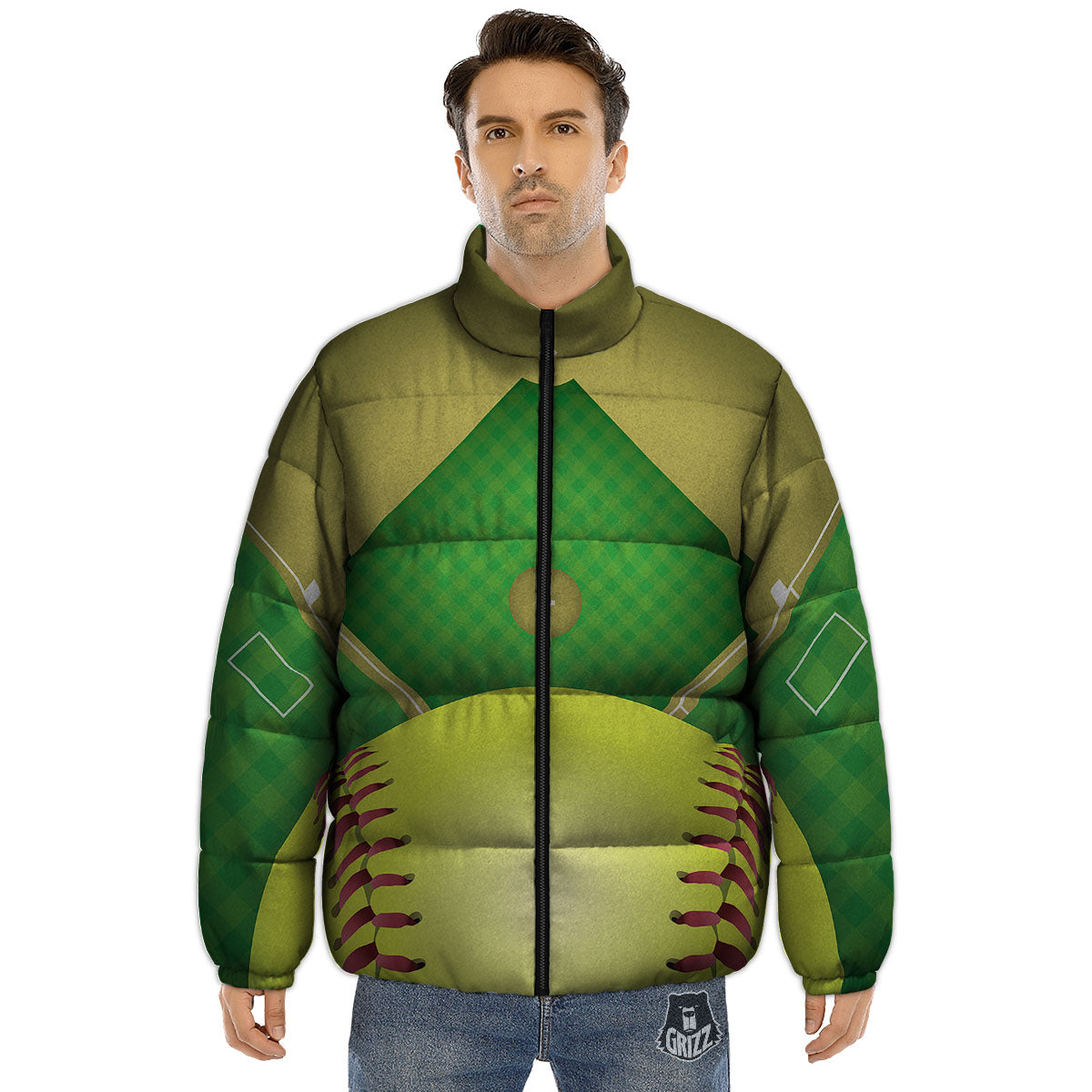 Ball And Softball Field Print Puffer Jacket-grizzshop
