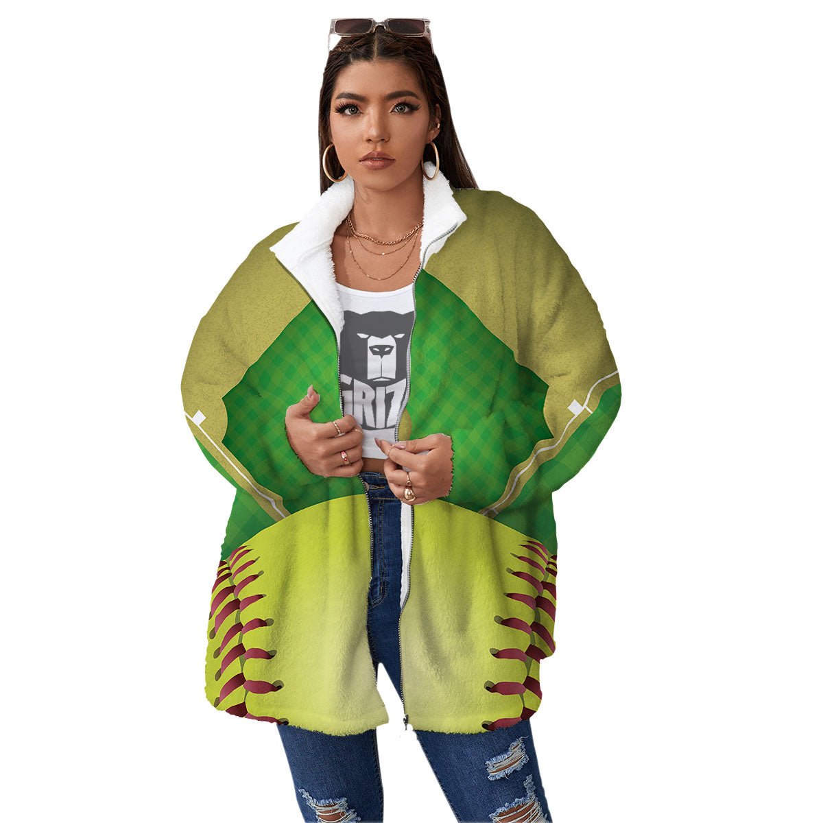 Ball And Softball Field Print Women's Sherpa Jacket-grizzshop