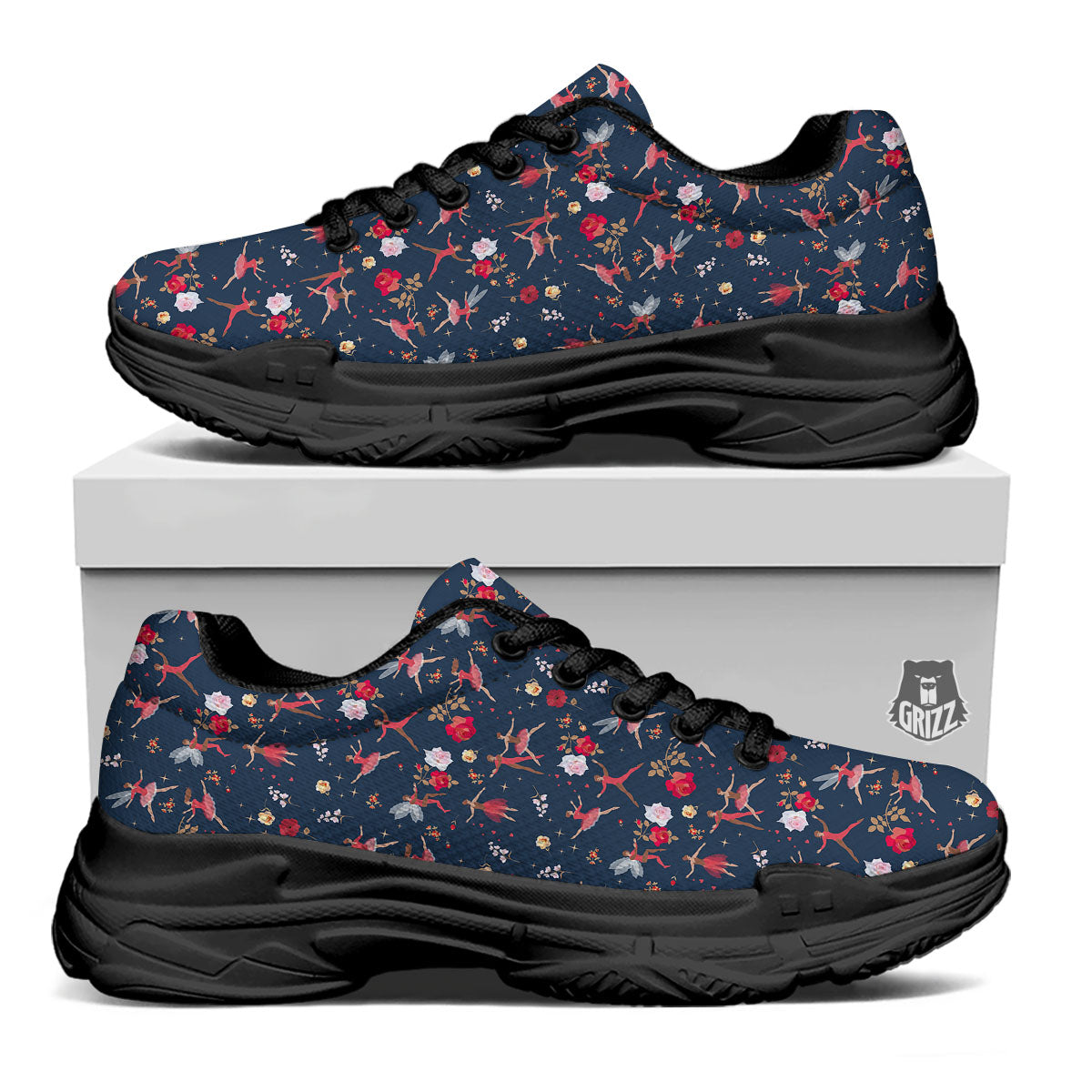 Ballet Floral Print Pattern Black Chunky Shoes-grizzshop