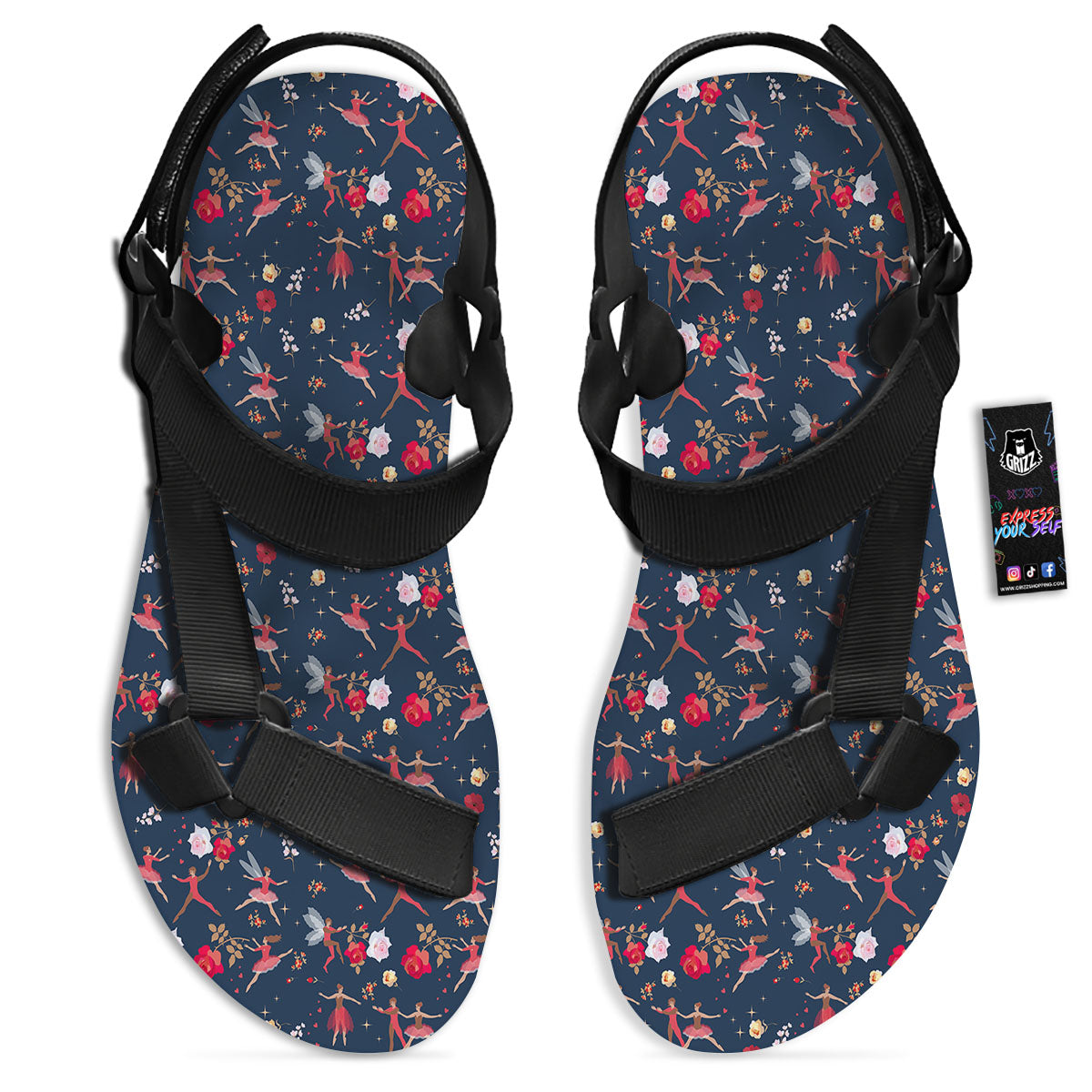 Ballet Floral Print Pattern Black Open Toe Sandals-grizzshop