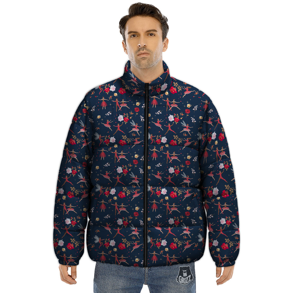 Ballet Floral Print Pattern Puffer Jacket-grizzshop