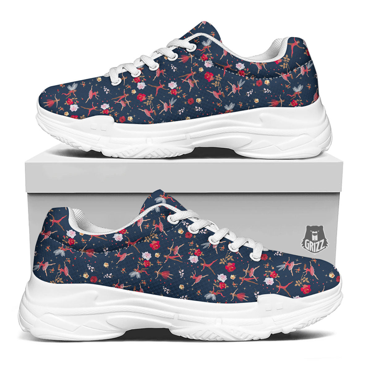 Ballet Floral Print Pattern White Chunky Shoes-grizzshop