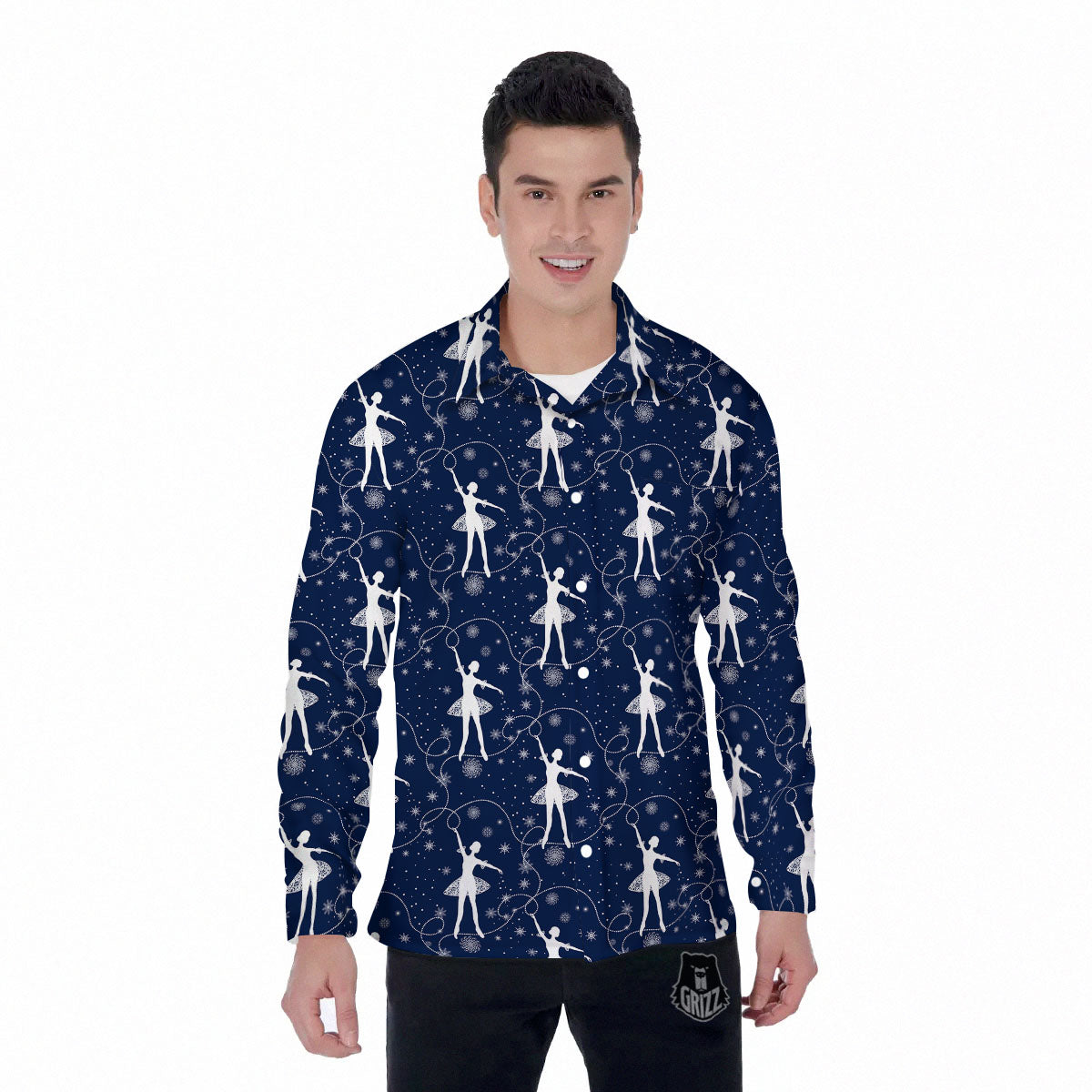 Ballet Snowflake Print Pattern Men's Long Sleeve Shirts-grizzshop