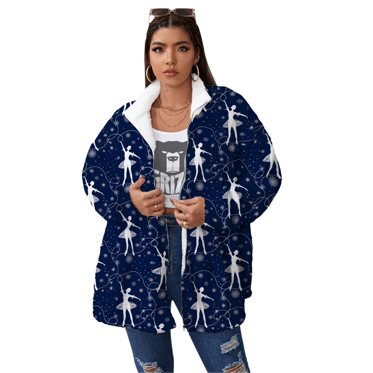 Ballet Snowflake Print Pattern Women's Sherpa Jacket-grizzshop