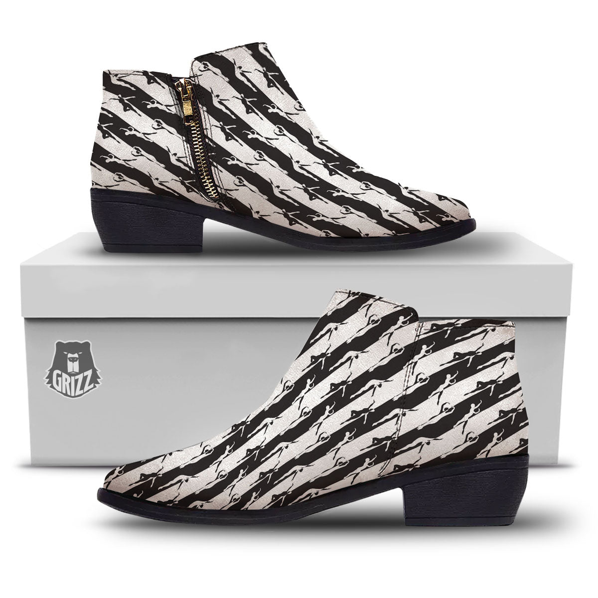 Ballet White And Black Print Pattern Ankle Boots-grizzshop