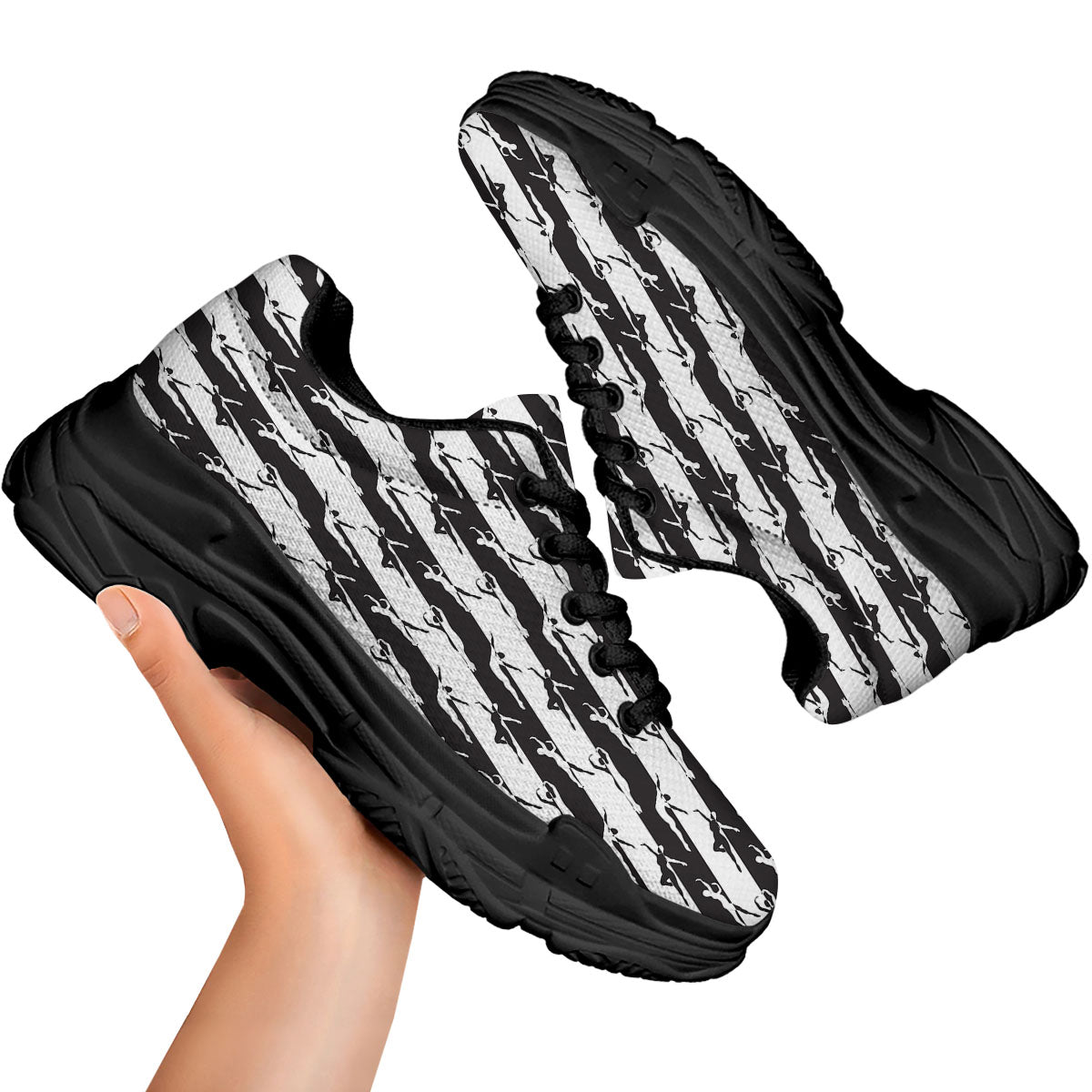 Ballet White And Black Print Pattern Black Chunky Shoes-grizzshop