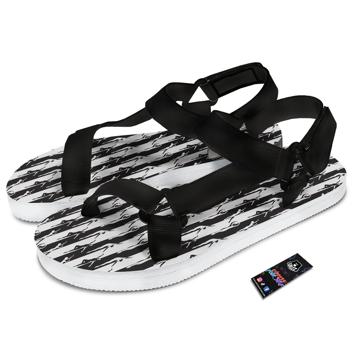 Ballet White And Black Print Pattern Black Open Toe Sandals-grizzshop