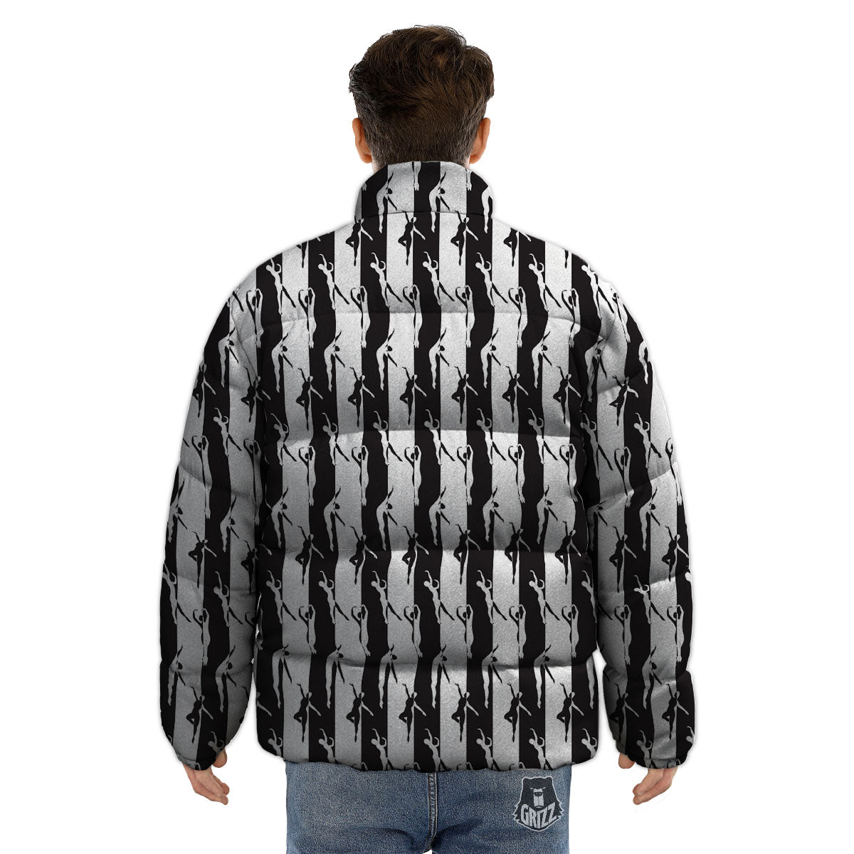 Ballet White And Black Print Pattern Puffer Jacket-grizzshop