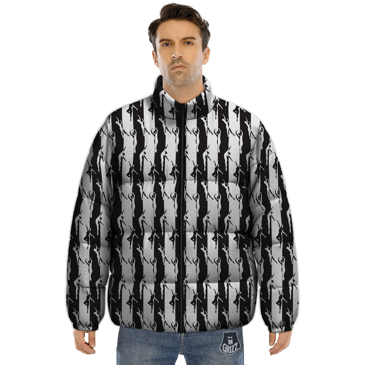 Ballet White And Black Print Pattern Puffer Jacket-grizzshop