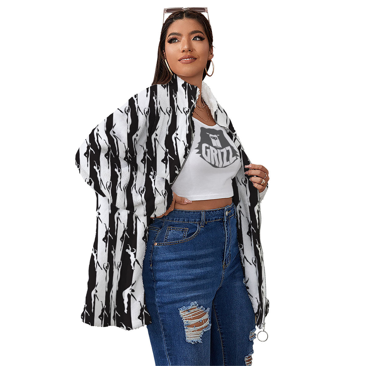 Ballet White And Black Print Pattern Women's Sherpa Jacket-grizzshop