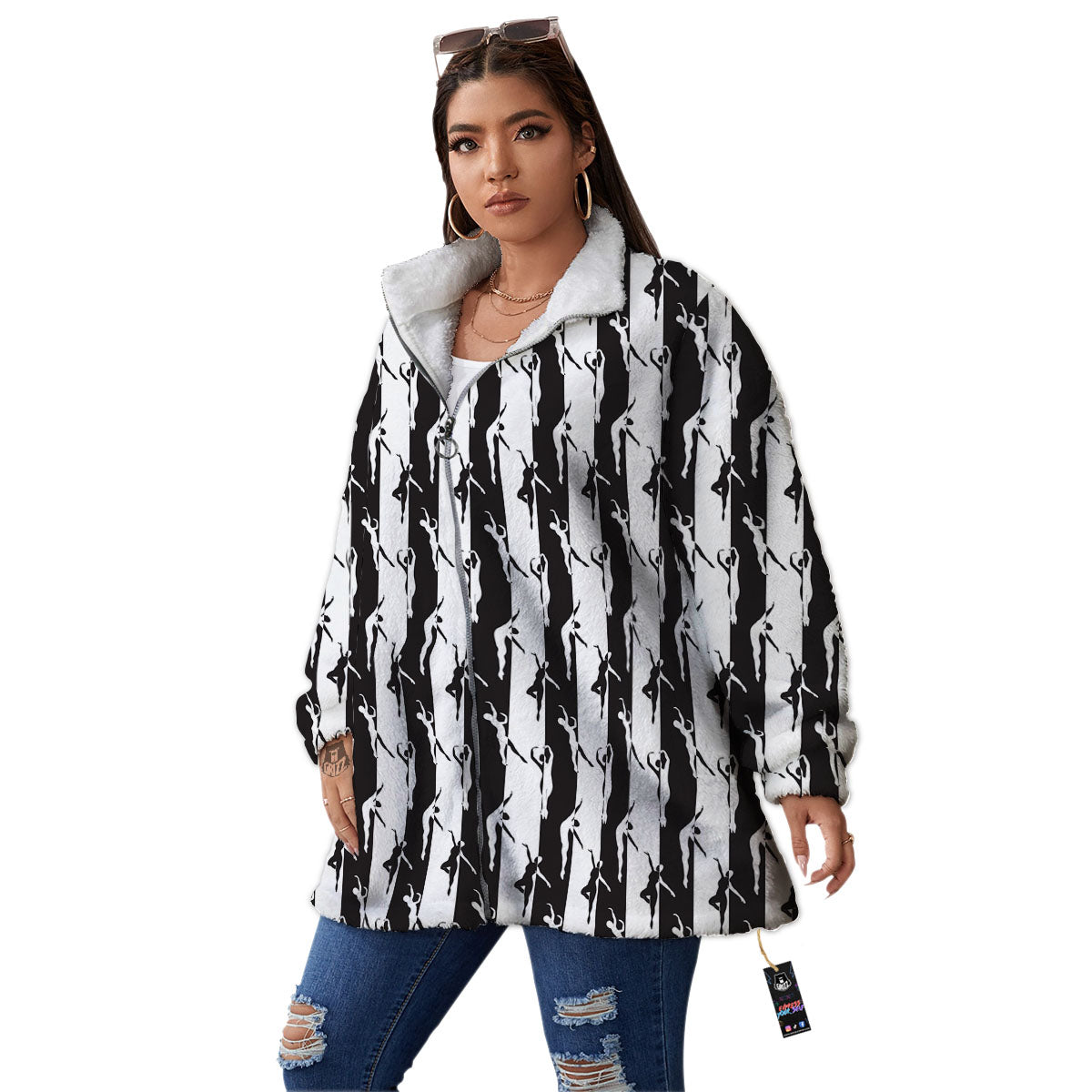 Ballet White And Black Print Pattern Women's Sherpa Jacket-grizzshop